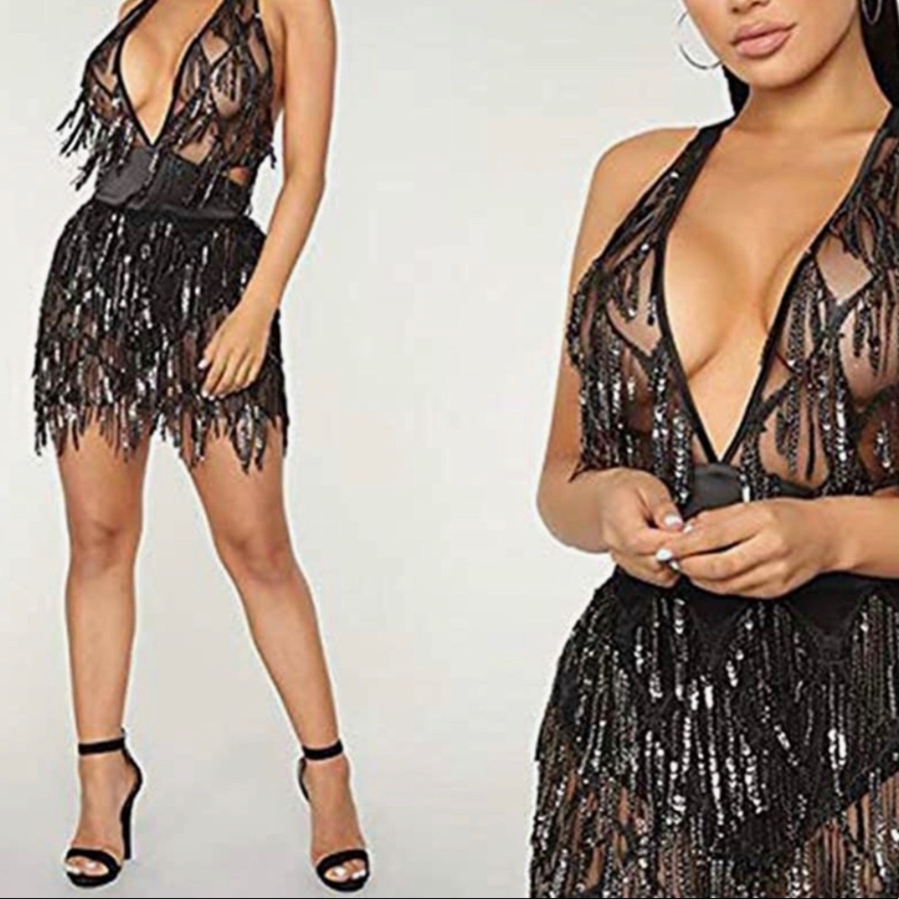 L’ VOW GLITTER DEEP V NECK SEQUIN PARTY DRESS